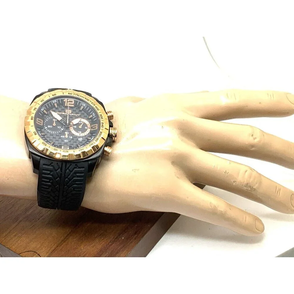 Oceanaut Men's Watch OC1121 Quartz Chronograph Gold Black Dial Rubber Band 47mm